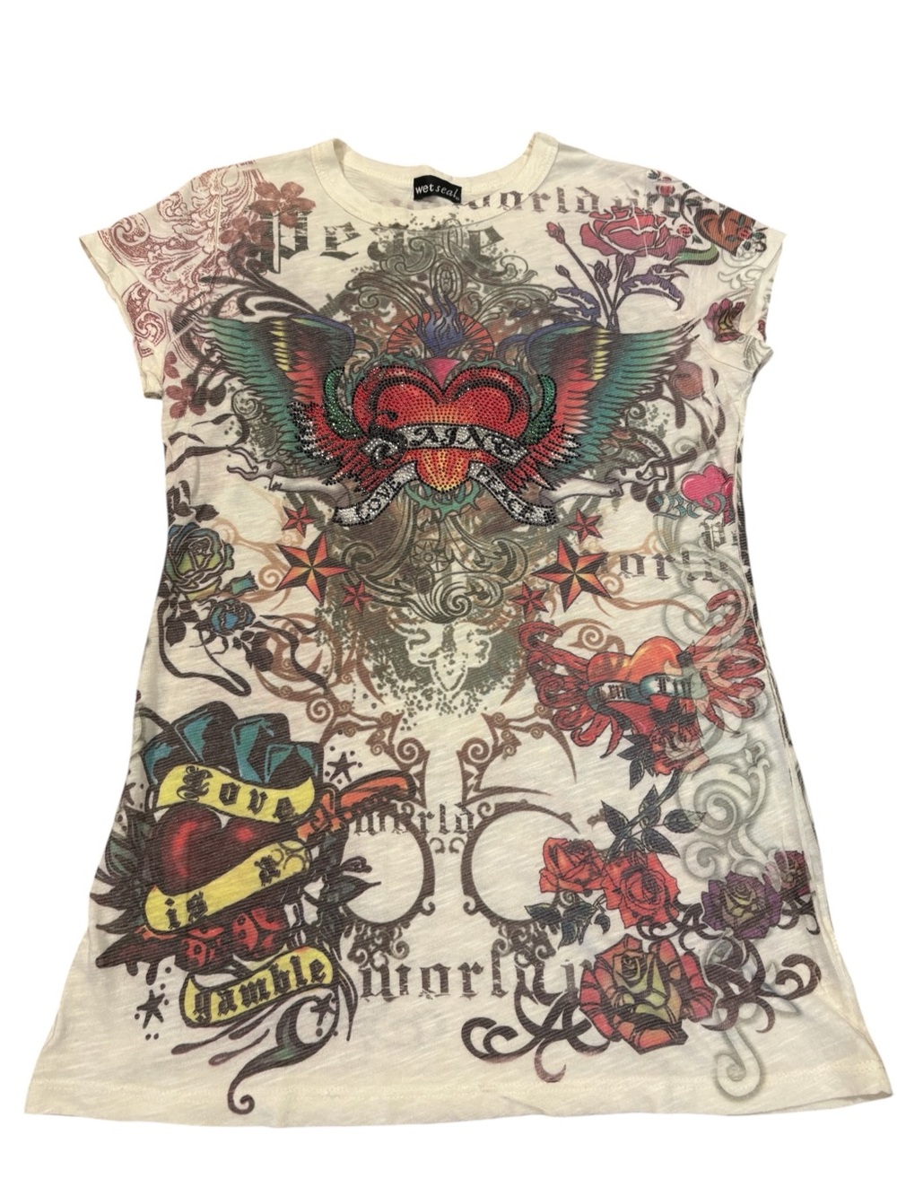 Wet Seal Cream Short Sleeve Graphic Heart & Wings Tee XL juniors